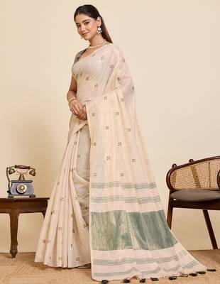  light green linen blend saree with blouse piece 2
