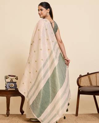  light green linen blend saree with blouse piece 3