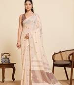 Women's elegant rose gold linen blend saree with unstiched blouse piece