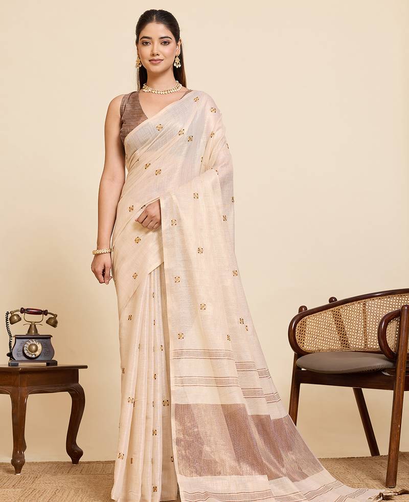 Women's elegant rose gold linen blend saree with unstiched blouse piece