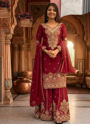 Womens wedding wear heavy embroidery thread work kurta set 1
