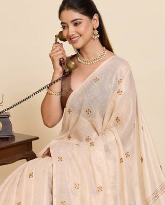  rose gold linen blend saree with blouse piece 5