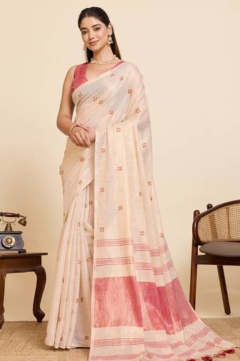 Women's elegant pink linen blend saree with unstiched blouse piece