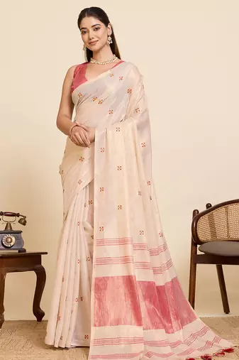 Women's elegant pink linen blend saree with unstiched blouse piece