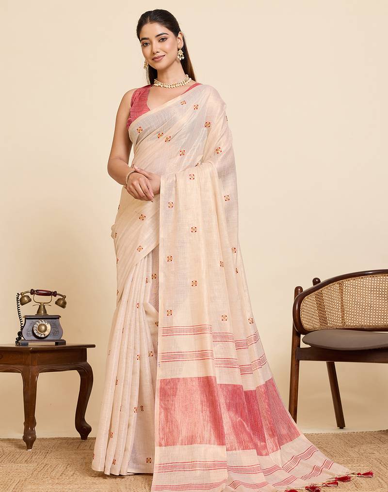 Women's elegant pink linen blend saree with unstiched blouse piece