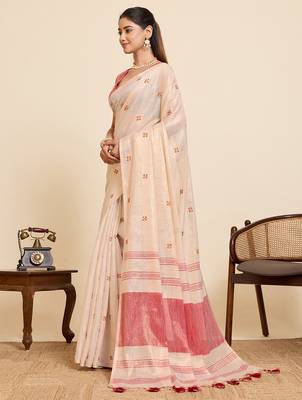  pink linen blend saree with blouse piece 2