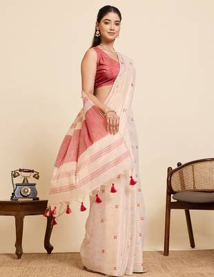  pink linen blend saree with blouse piece 4