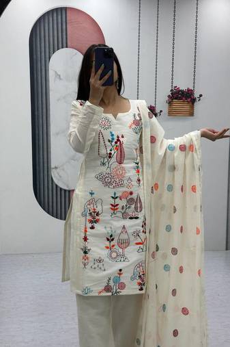 Womens new khadi cotton  heavy embroidery thread work kurta set