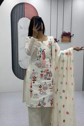Womens new khadi cotton  heavy embroidery thread work kurta set