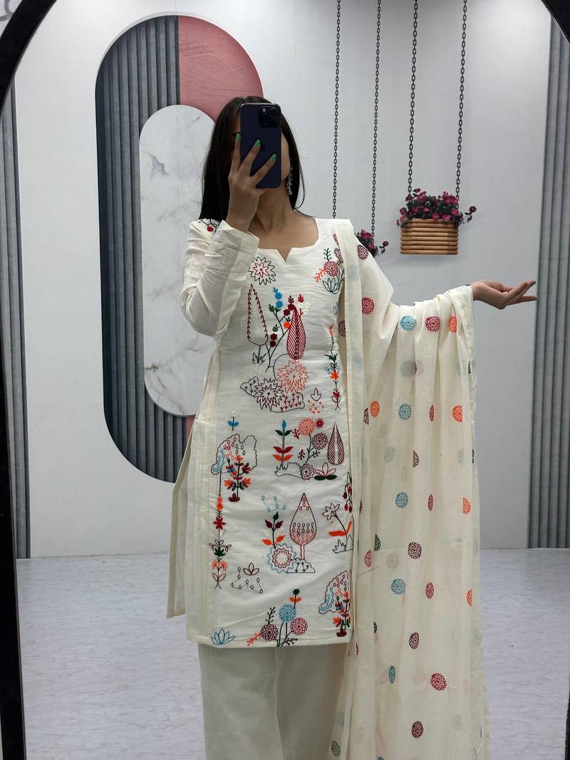 Womens new khadi cotton  heavy embroidery thread work kurta set