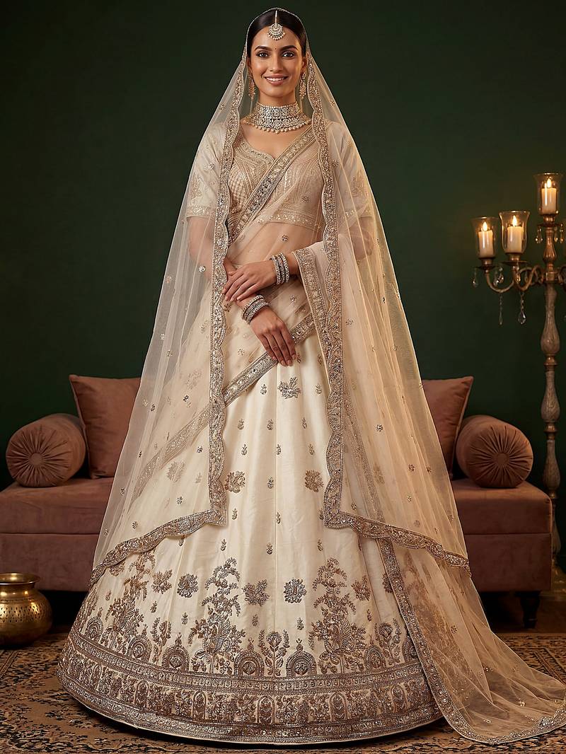 Ravishing Off White Sequins Silk Bridal Lehenga Choli With Double Dupatta