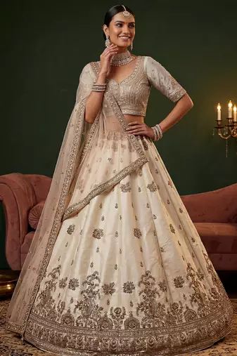 off white sequins silk bridal lehenga choli with dupatta