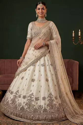 off white sequins silk bridal lehenga choli with dupatta