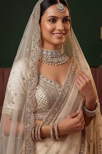 off white sequins silk bridal lehenga choli with dupatta