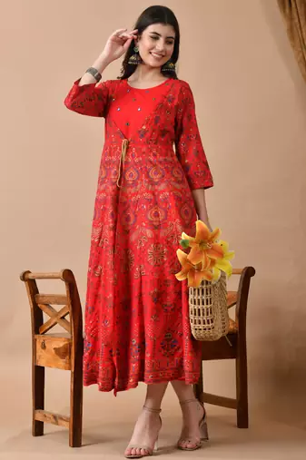 Ftdiva women's embroidered anarkali red printed kurti in rayon