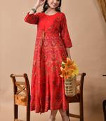 Ftdiva women's embroidered anarkali red printed kurti in rayon
