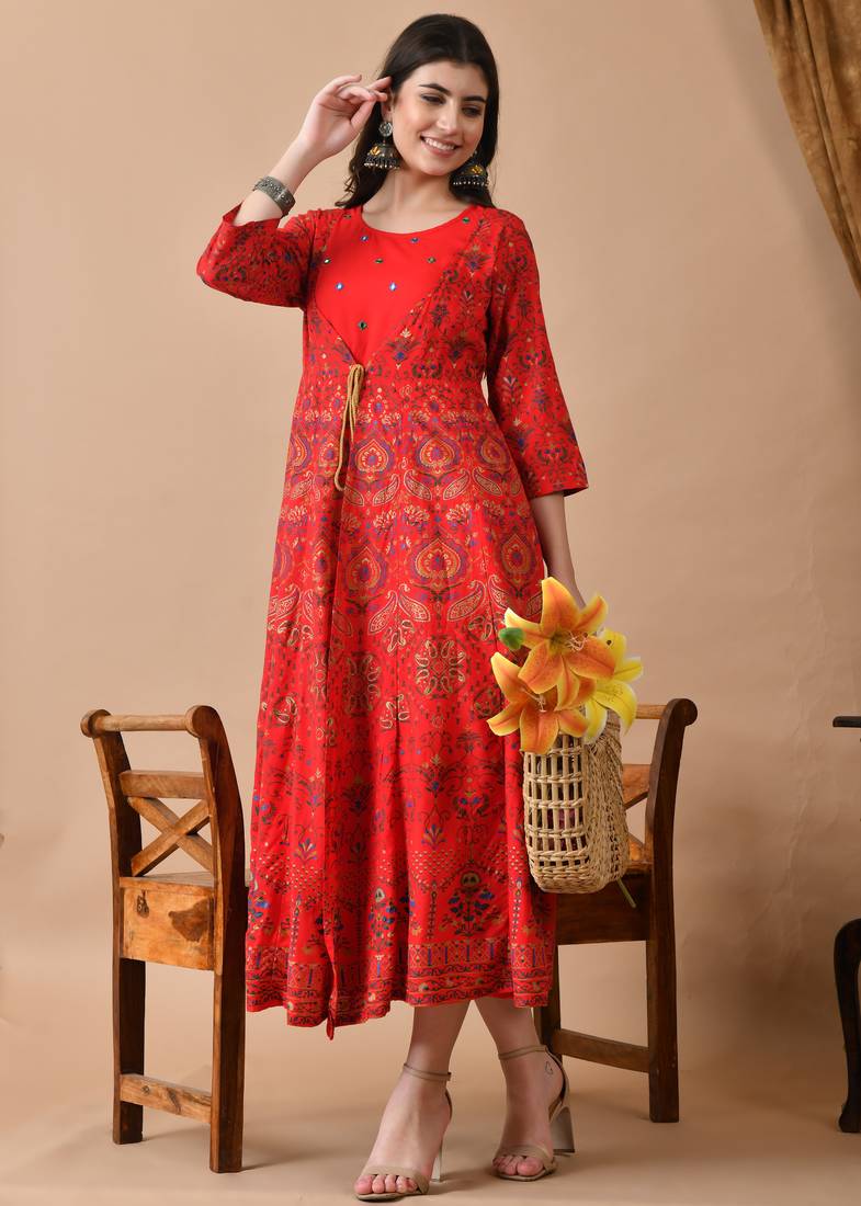 Ftdiva women's embroidered anarkali red printed kurti in rayon
