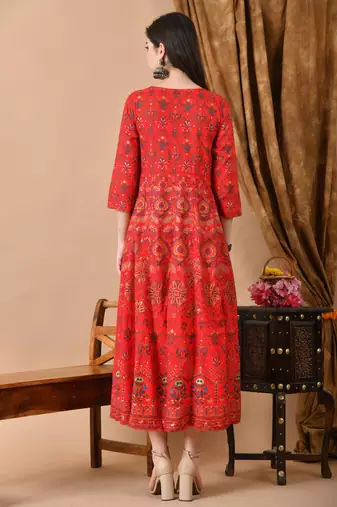 Ftdiva women's embroidered anarkali red printed kurti in rayon