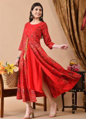Ftdiva women's embroidered anarkali red printed kurti in rayon 3