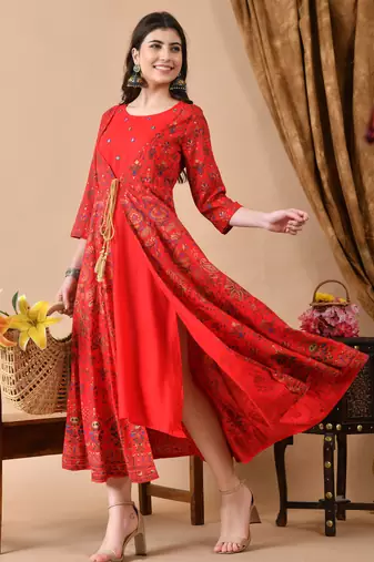 Ftdiva women's embroidered anarkali red printed kurti in rayon