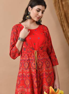 Ftdiva women's embroidered anarkali red printed kurti in rayon 4