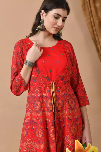 Ftdiva women's embroidered anarkali red printed kurti in rayon