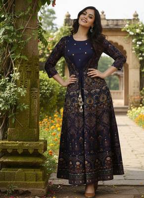 Ftdiva women's embroidered anarkali blue printed kurti in rayon 1