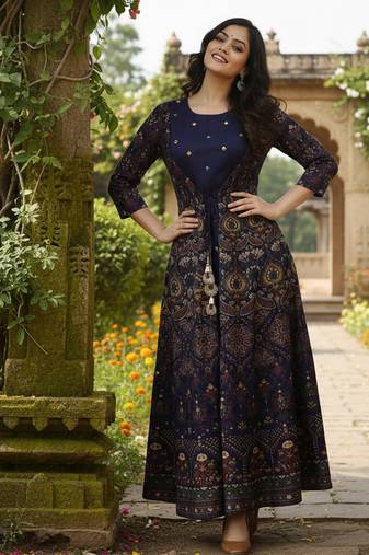 Ftdiva women's embroidered anarkali blue printed kurti in rayon