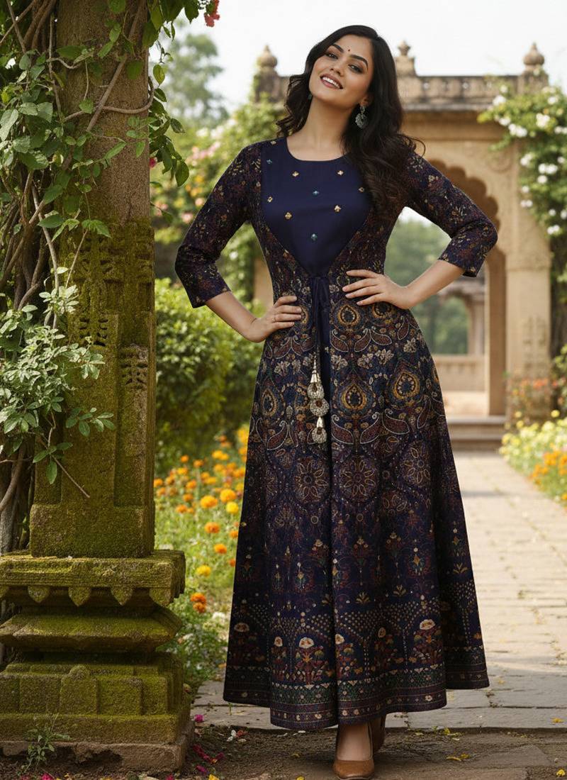 Ftdiva women's embroidered anarkali blue printed kurti in rayon
