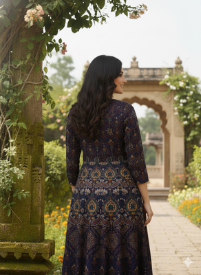 Ftdiva women's embroidered anarkali blue printed kurti in rayon 2