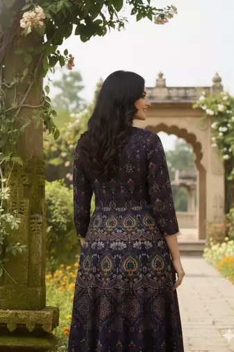 Ftdiva women's embroidered anarkali blue printed kurti in rayon