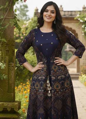 Ftdiva women's embroidered anarkali blue printed kurti in rayon 4
