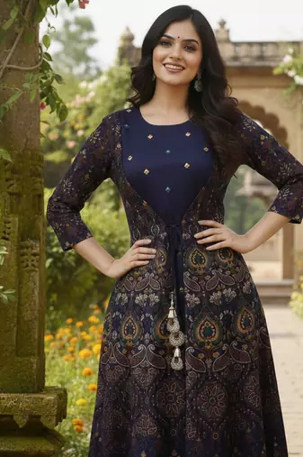 Ftdiva women's embroidered anarkali blue printed kurti in rayon