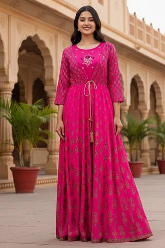 Ftdiva women's embroidered anarkali long magenta kurti in rayon