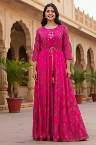 Ftdiva women's embroidered anarkali long magenta kurti in rayon