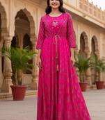 Ftdiva women's embroidered anarkali long magenta kurti in rayon