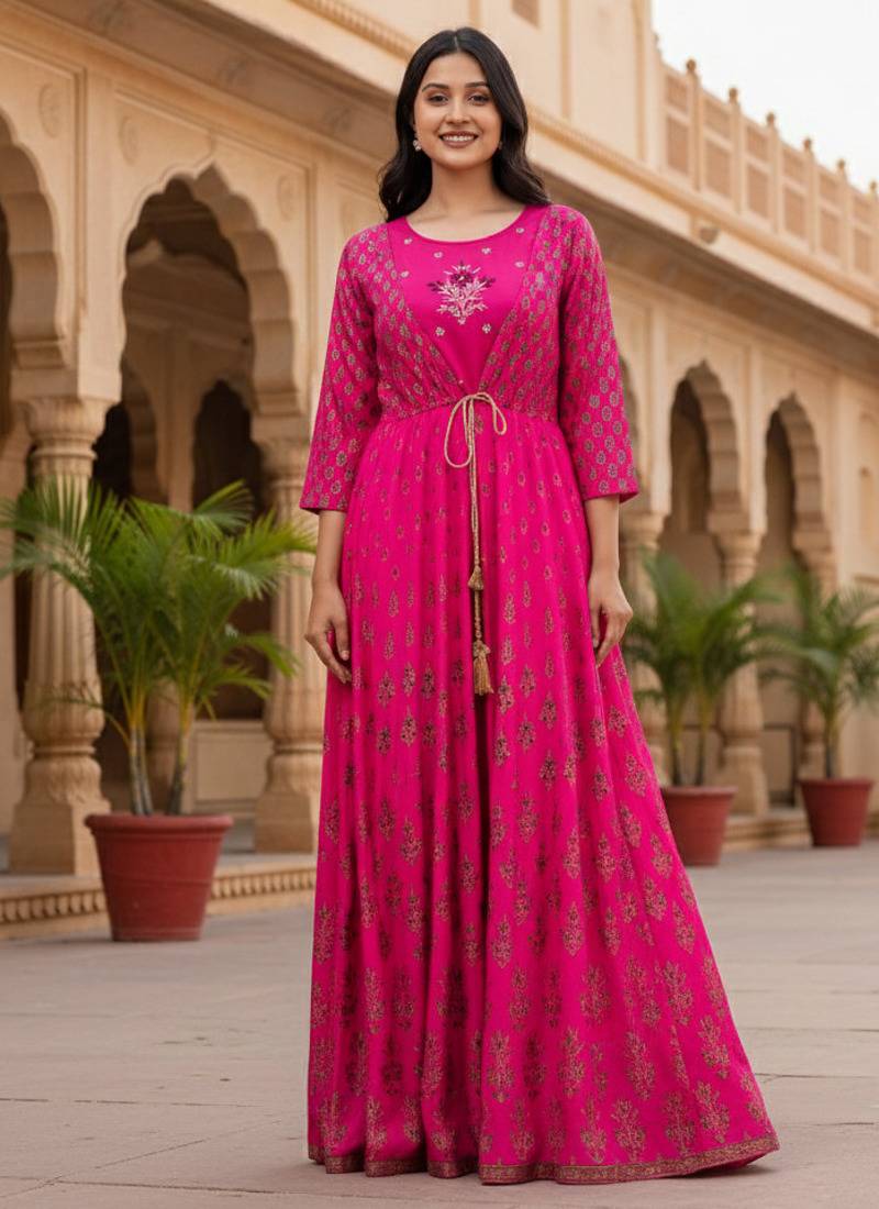 Ftdiva women's embroidered anarkali long magenta kurti in rayon