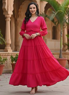 Ftdiva women's solid cotton anarkali kurti in magenta 1