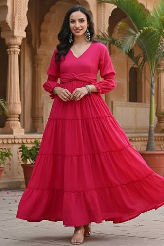 Ftdiva women's solid cotton anarkali kurti in magenta