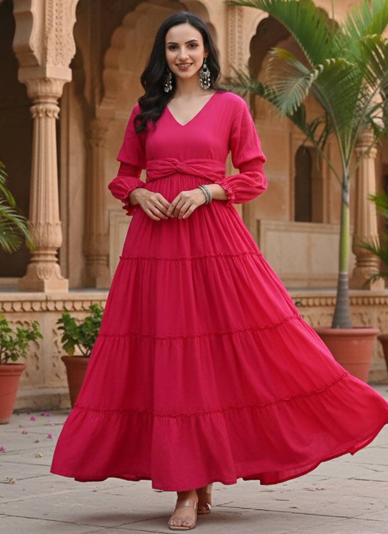 Ftdiva women's solid cotton anarkali kurti in magenta