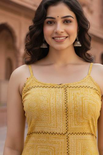 Ftdiva women's sleeveless printed frontslit kurta in maroon