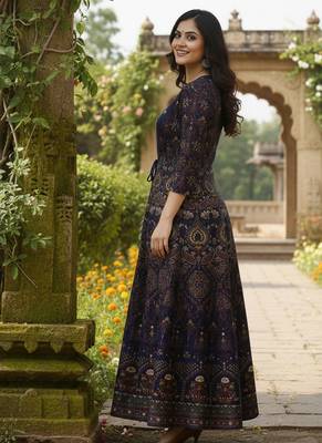 Ftdiva women's embroidered anarkali blue printed kurti in rayon 5
