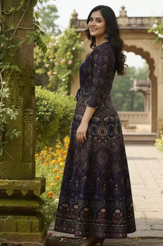 Ftdiva women's embroidered anarkali blue printed kurti in rayon