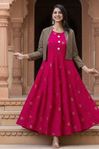 Ftdiva women's rayon anarkali kurti with jacket in deep pink