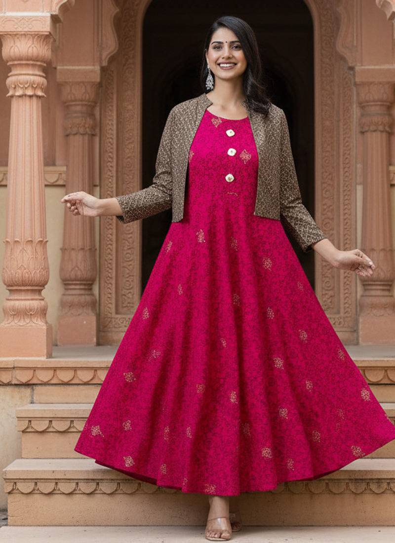 Ftdiva women's rayon anarkali kurti with jacket in deep pink