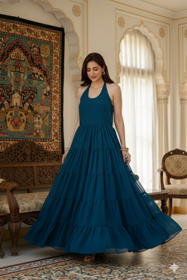Ftdiva women's sleeveless printed anarkali georgette kurti in teal blue 1