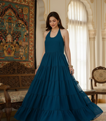 Ftdiva women's sleeveless printed anarkali georgette kurti in teal blue