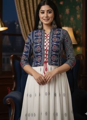 Ftdiva women's rayon anarkali kurti with jacket in white & blue 1