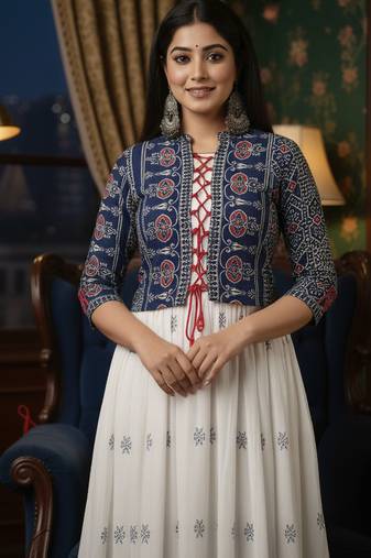 Ftdiva women's rayon anarkali kurti with jacket in white & blue