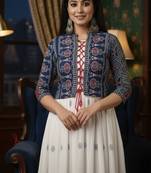 Ftdiva women's rayon anarkali kurti with jacket in white & blue